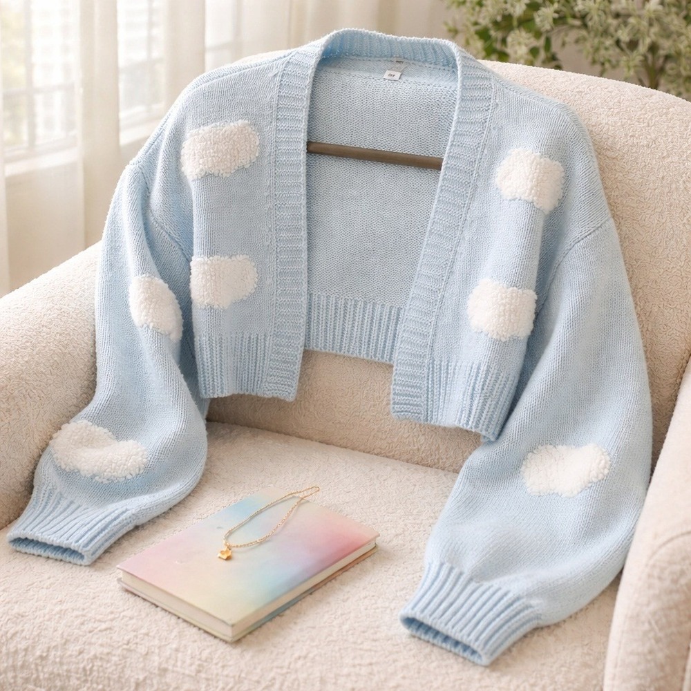 Knitted‎ M Baby Blue Sky Cloud Cropped Bolero Open Cardigan Sweater Ethereal